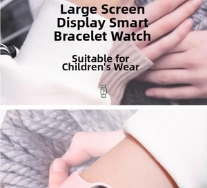 Pink silicone smart bracelet for kids featuring a large digital LED display and touch screen