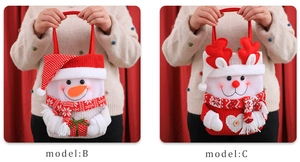 Detail showing Model B snowman and Model C reindeer knitted Christmas gift bags with handles