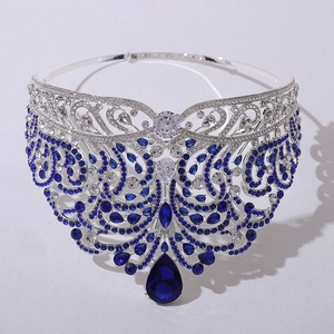 Elegant silver crown with blue teardrop zircon and crystals for bridal pageant