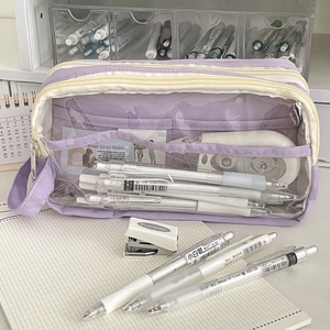 Large capacity purple minimalist pencil case with transparent window and multi-layer storage