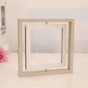 Minimalist rotating double-sided wooden photo frame with natural wood texture for tabletop