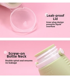 Detail view of 100ml silicone travel bottle with leakproof cap and screw neck design