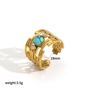 Vintage stainless steel open ring with turquoise stone and white zircon accents