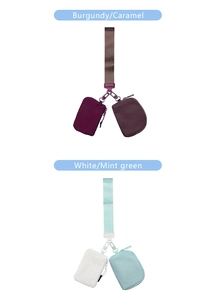 Dual nylon wristlet pouches in burgundy, caramel, white, and mint green with metal zippers