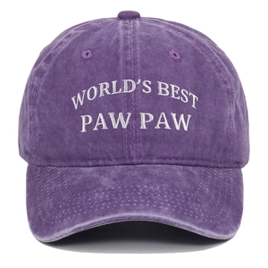 Detailed close-up of purple washed cotton baseball cap with white Paw Paw embroidery