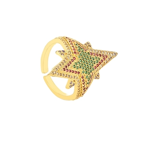 Luxurious 18K gold-plated hexagonal star ring with colorful zircon stones on white background