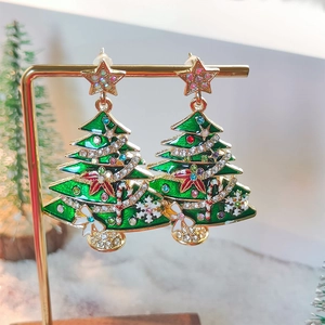 Detailed close-up of festive gold Christmas tree earrings with colorful rhinestones