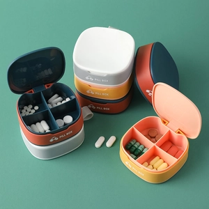 Portable four-grid mini pill box in various colors with secure silicone seal