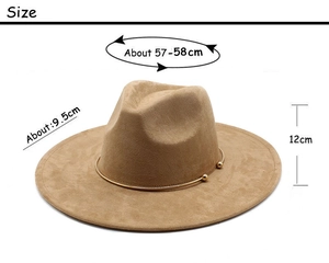 Detailed size chart for the tan suede wide brim fedora showing 9.5cm brim and 57-58cm head size
