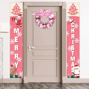Bannière de Porche de Noël Rose Tissu Oxford Panneaux Suspendus Merry Christmas pour Maison Porte d'Entrée Décoration Extérieure