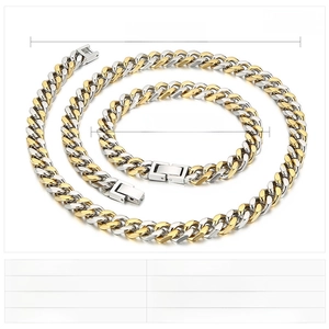 Detailed view of two-tone stainless steel Cuban link necklace and bracelet hip hop jewelry set
