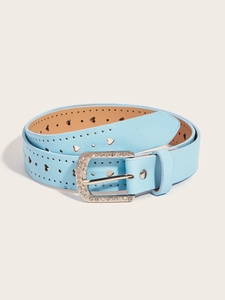 Detail of blue PU leather belt featuring heart cutouts and rhinestone buckle