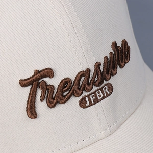 Beige baseball cap with 3D Treasure embroidery in premium twill cotton fabric