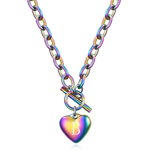 Rainbow heart pendant necklace with letter B engraving and toggle clasp chain