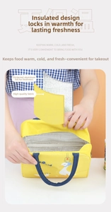 Detail of insulated lunch bag showing cartoon duck pattern and thick aluminum foil lining