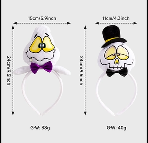 Detail view of Halloween headband dimensions with ghost and skull plush decorations