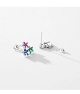 Detail of 925 sterling silver flower earrings with colorful zircon and S925 hallmark
