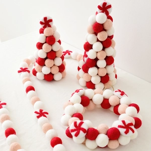 Handmade wool felt Christmas tree set with wreath and garland in red and white tones
