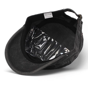 Classic washed black cotton flat top military cap with adjustable bronze metal buckle back