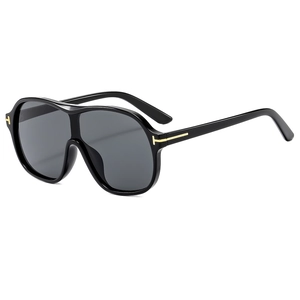 Fashion oversized wrap-around sunglasses in glossy black with gold T-shaped metal hinges