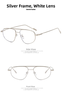 Front and side view of silver metal aviator glasses frame with clear lenses