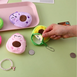 Mini plush avocado coin purses in purple, pink, and green with secure zip and metal chains
