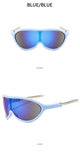 Front and side view of blue cycling sunglasses with metallic temples and blue mirror lenses