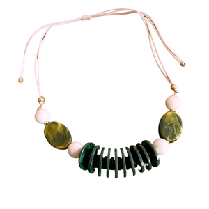 Bohemian leather layered necklace with green marble oval beads and white faux pearls