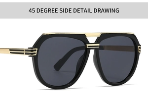 45-degree side view of retro aviator sunglasses with black frames and gold metal accents