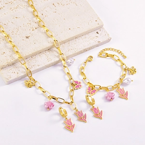 Sweet Pink Tulip Butterfly Bee Titanium Steel Jewelry Set Gold Plated Necklace Bracelet Earrings Artificial Pearl Jewelry