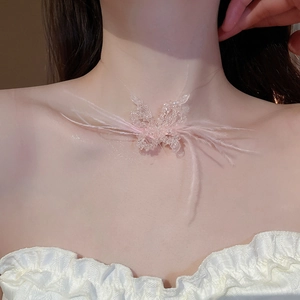 Detail of beaded crystal butterfly necklace with soft pink feathers on neck