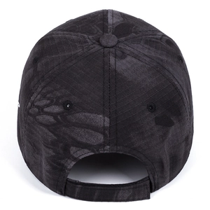Detail of adjustable tactical camo baseball cap with velcro strap and premium stitching