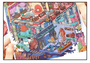Vue détaillée d'autocollants 3D de paysages tenus en main avec illustrations artistiques