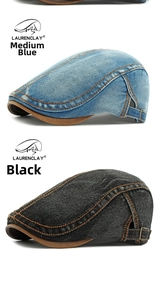Detail of vintage denim ivy caps in blue and black featuring brown leather trim