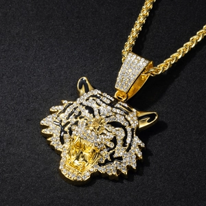 Hip hop style gold alloy tiger head pendant necklace with rhinestones and twist chain