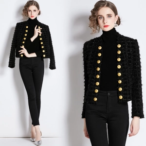 Women Black Tweed Jacket With Gold Buttons Slim Fit Elegant Short Coat Shimmer Textured Polyester Outerwear