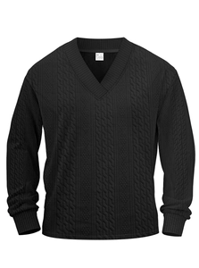 Detail of V-neck collar and 3D jacquard knit texture on this black long sleeve shirt