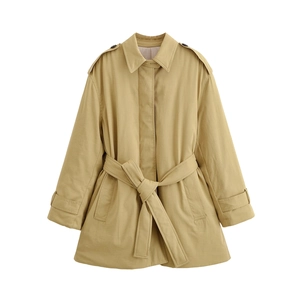 Women Classic Trench Coat Polyester Belted Mid Length Elegant Lapel Long Sleeve Khaki Outerwear Casual Fashion