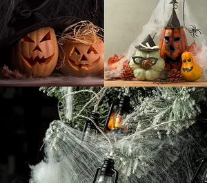 Halloween scene setup with carved pumpkins, wizard hats and glowing lantern string lights