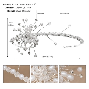 Detail specifications of rhinestone and pearl headband with 13.5cm diameter and 23g weight
