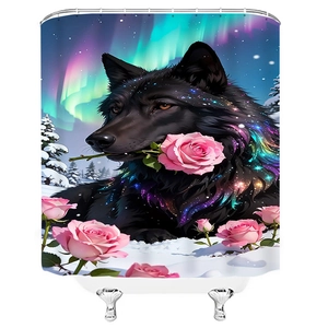 Detail eines 3D-Duschvorhangs mit Sternenwolf und rosa Rose in einer Schneelandschaft