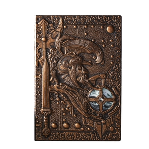 Vintage bronze knight relief notebook with embossed warrior pattern and gemstone detail