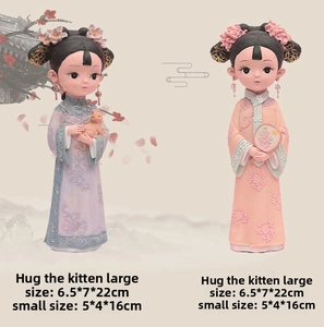 Detailed size view of resin palace girl figurines in purple and pink traditional attire