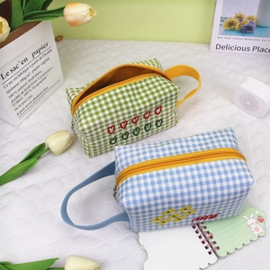 Cute plaid makeup bag with heart embroidery, large capacity storage in blue and green