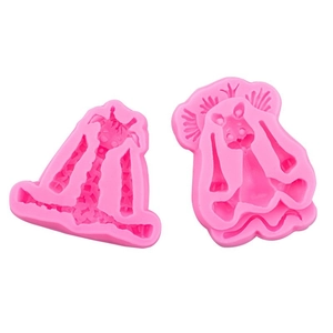 Pink silicone fondant mold set featuring cartoon giraffe and hippo jungle animal shapes