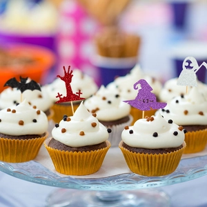 Halloween cupcake toppers set with glittery bats and witch hats for party decor