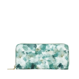 Long zip-around wallet featuring green watercolor floral patterns on high-quality faux leather