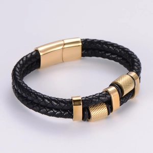 Double-layered black braided leather bracelet with 18K gold vacuum plated magnetic clasp