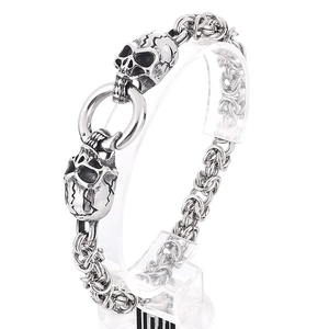 Bracelet punk tête de mort en acier titane pour hommes avec chaîne à double anneau et fini argent