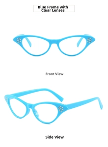 Front and side view of blue cat-eye frames with sparkling diamond accents